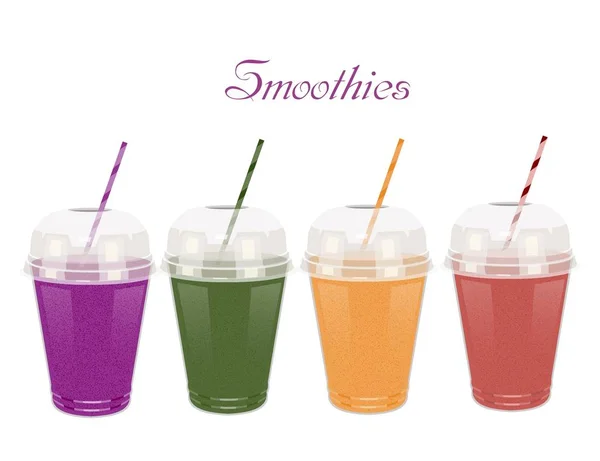 En uppsättning Plastbägare med smoothies med tubuli på vit botten. Diet sommar mat. Hälsosam kost. Frukt-och grönsaks smoothies. Vektor illustration Royaltyfria illustrationer