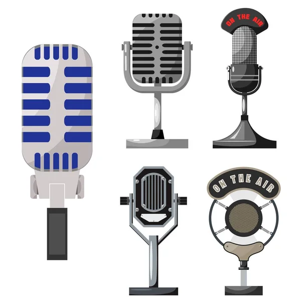 Set de micrófonos retro sobre fondo blanco. Micrófonos antiguos. Dispositivos para radiodifusión. Ilustración vectorial de una vieja tecnología de radio Vectores De Stock Sin Royalties Gratis