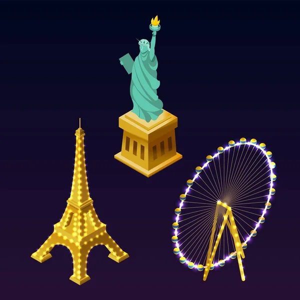 Monumentos mundiales en estilo isométrico con luces sobre fondo nocturno. Estatua de la Libertad, Torre Eiffel, Los Angeles Ferris Wheel Ilustraciones De Stock Sin Royalties Gratis
