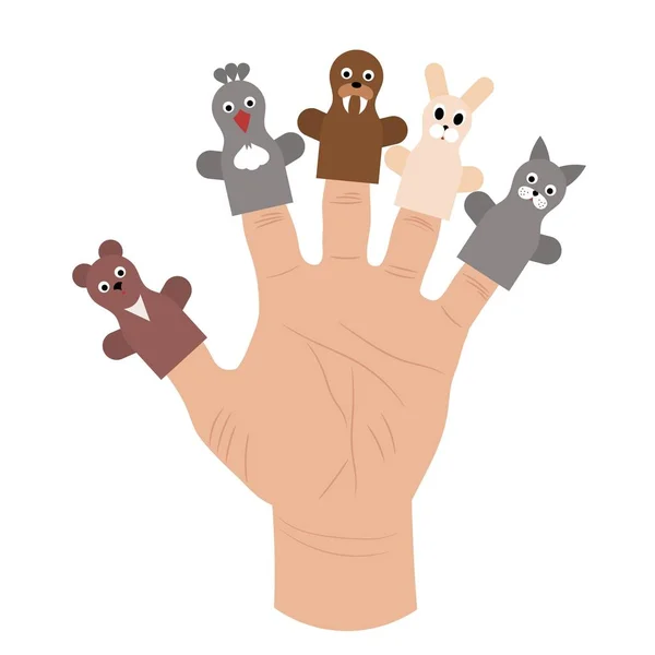 Ilustración de una mano con varias muñecas en los dedos. Muñecas de guante en la mano. Ilustración vector de teatro de títeres para niños Vector De Stock