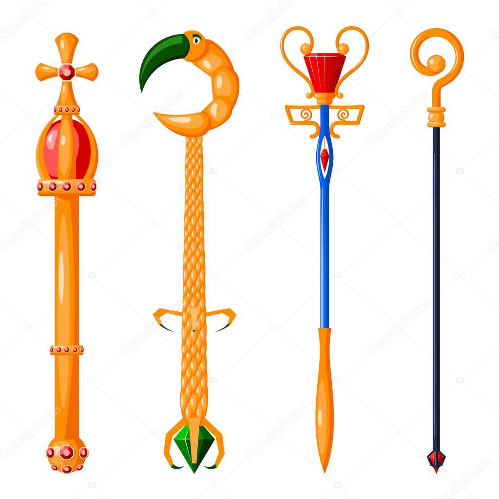 Set of cartoon style vector scepter on white background. Vector illustrator of fantasy objects, scepters, magic wands.