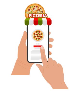 Cep telefonu olan insan elleri. Uzakta pizza sipariş edin. Elektronik ticaret. Vektör çizimi