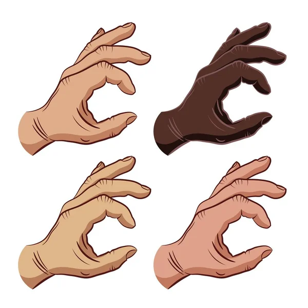Conjunto de manos con diferentes colores de piel y mostrando signo OK. Símbolo de buena suerte y victoria sobre un fondo blanco. Ilustración vectorial — Archivo Imágenes Vectoriales