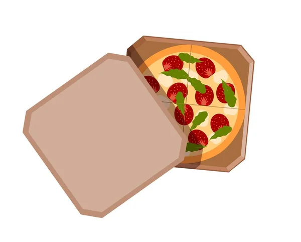 Scatola di carta con pizza su sfondo bianco. Illustrazione vettoriale — Vettoriale Stock