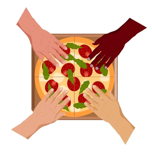 Manos humanas y rebanadas de pizza en el fondo de una caja de cartón. Ilustración vectorial — Archivo Imágenes Vectoriales