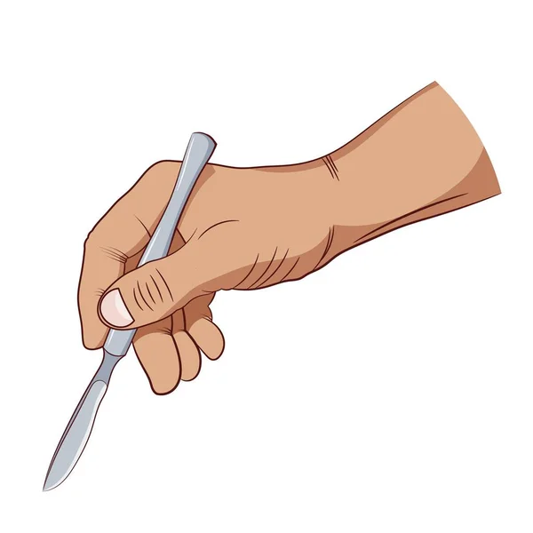 Handtekening van een medische metalen scalpel en menselijke hand op een witte achtergrond. De borstel van een chirurg die de huid voor chirurgie snijden. Vector illustratie van een medic en scalpel — Stockvector