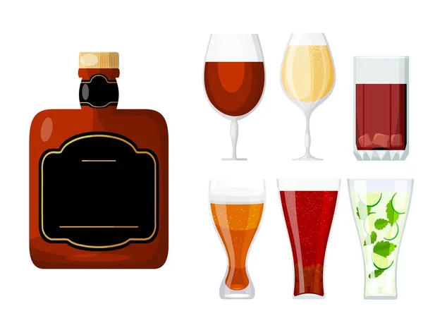 Bottle and a set of glass glasses of various shapes with alcohol on a white background. Collection of alcoholic drinks in a cartoon style. Vector illustration — Stock Vector