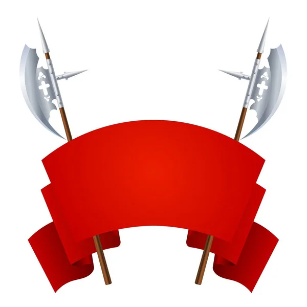 Two medieval halberds with a red banner for information on a white background. Vector illustration of ancient edged weapons with flag — Stock Vector