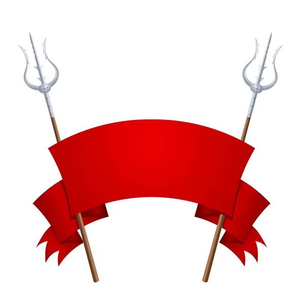 Dois tridentes fantásticos com uma bandeira vermelha em um fundo branco. Ilustração vetorial de uma arma de fada fria com uma fita vermelha —  Vetores de Stock