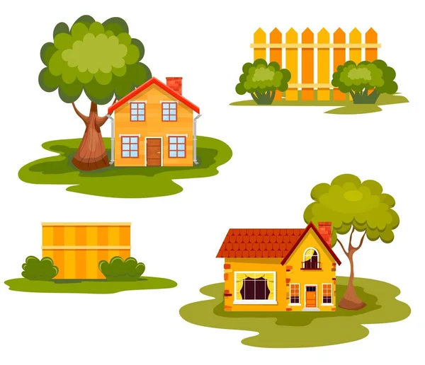 Ensemble de petites maisons rurales avec clôtures et arbres sur fond blanc. Illustration vectorielle Vecteur En Vente