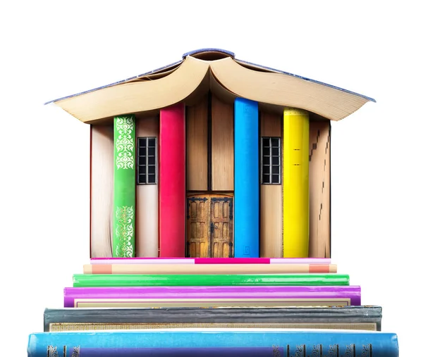 Concepto Educativo Montón Libros Forma Edificio Sobre Fondo Blanco Biblioteca —  Fotos de Stock