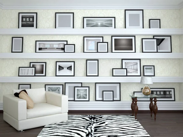 Interior design of the room. Wall with frames on the shelves. 3d illustration