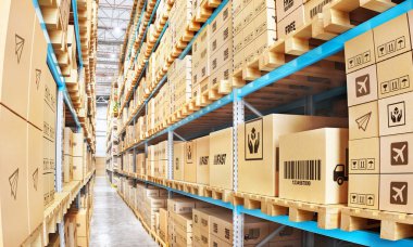 Modern karton kutu dolu depoya. 3D çizim