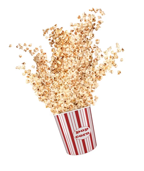 Popcorn Beautifully Flies Out Paper Bucket — Stock Photo, Image