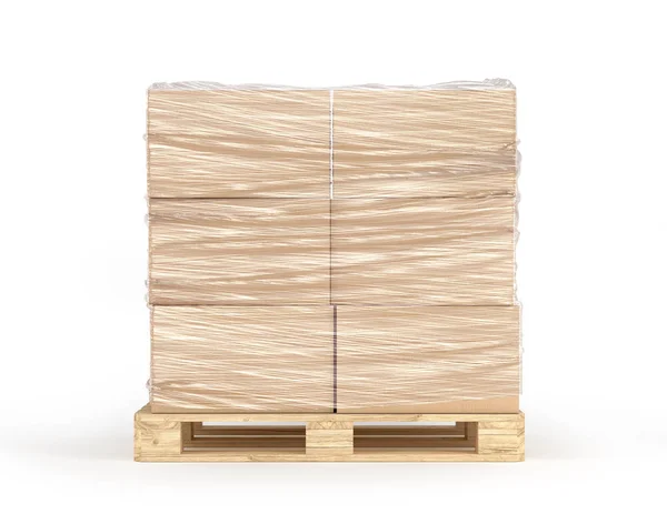 Kartons Mit Polyethylen Umwickelt Auf Holzpalette Isoliert Auf Weißem Hintergrund — Stockfoto