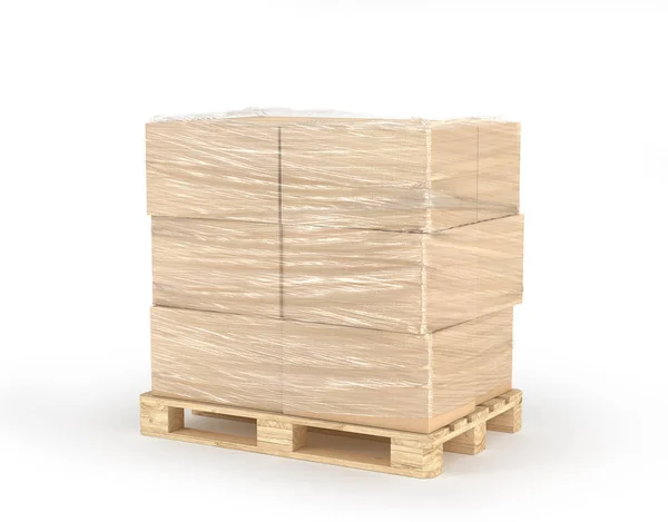 Cardboard Boxes Wrapped Polyethylene Wooden Pallet Isolated White Background Illustration — Stock Photo, Image