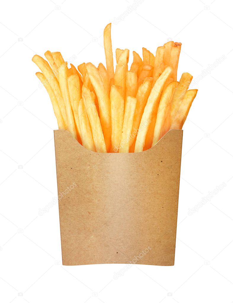 french fries in a paper cup on a white background