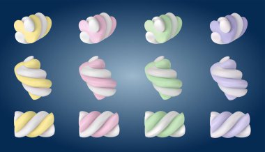 Sweet, cute tasty little colored zephyr, marshmallows. Pastel soft yellow, rose, gree,n purple colors. Delicious soft sweets Modern vector designe. clipart
