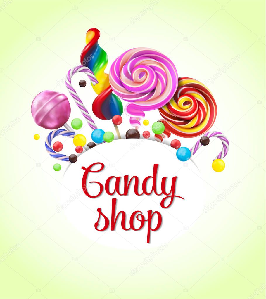 Decorative frame with realistic candies, colorful lollipops of various shape on background. vector illustration