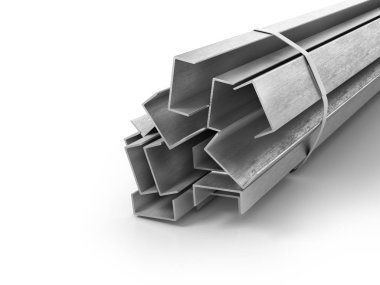 Farklı metal ürünler. Profilleri ve tüpler. 3D çizim