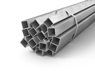 Farklı metal ürünler. Profilleri ve tüpler. 3D çizim
