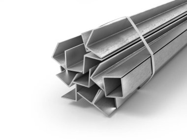 Farklı metal ürünler. Profilleri ve tüpler. 3D çizim