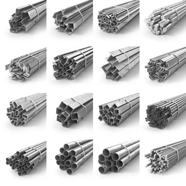 Farklı metal ürün kümesi. Profilleri ve tüpler. 3D çizim