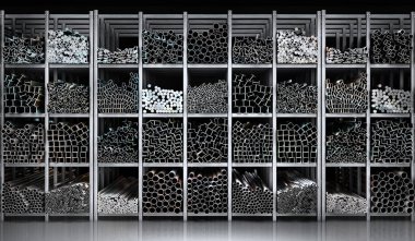 Shelves of different metal products. Profiles and tubes. 3d illustration clipart