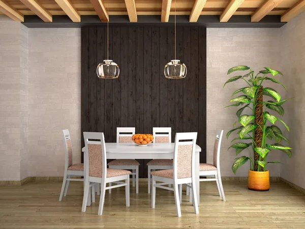 Fehér Étkező Asztal Sötét Fából Készült Fal Illusztráció — Stock Fotó