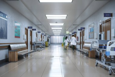 Koridor acil servis ve poliklinik hastane. 3D çizim