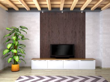 TV ve ahşap panel arka plan üzerinde beyaz bir curbstone. 3D çizim