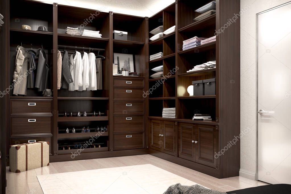 beautiful wood wardrobe and walk in closet. 3d illustration