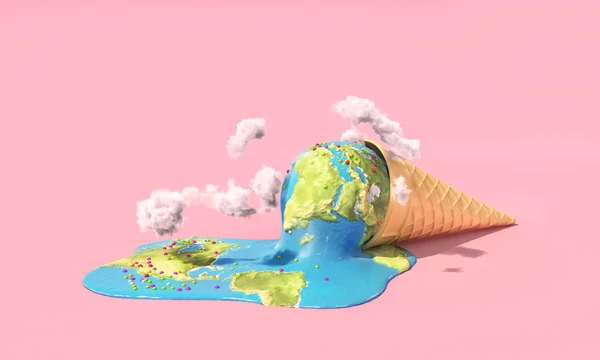 Global Warning Planet Melting Ice Cream Hot Sun Pink Background — Stock Photo, Image