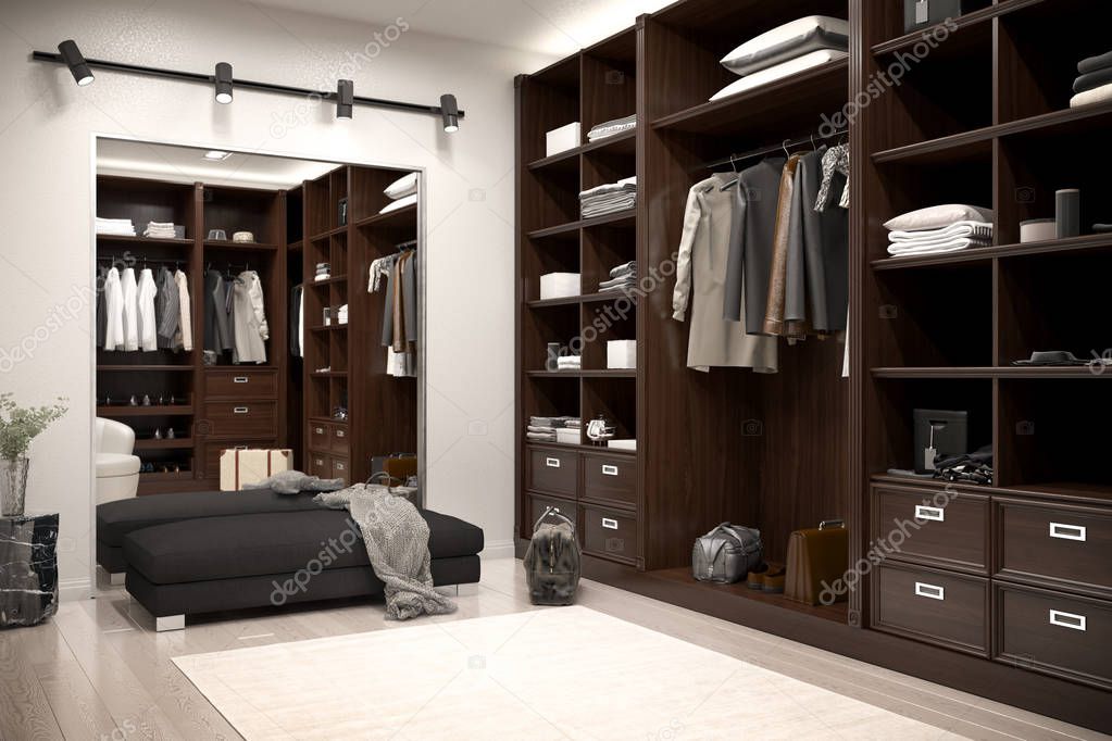 beautiful wood horizontal wardrobe and walk in closet. 3d illustration