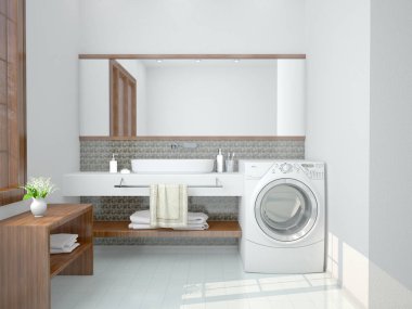 bir çamaşır makinesi ile minimalist banyo. 3D çizim