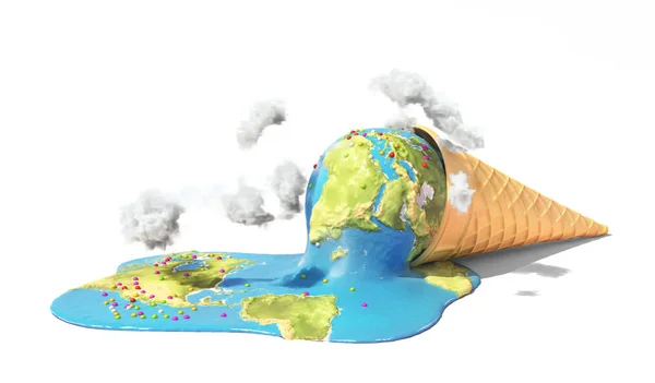 グローバル警告 ピンクの背景の熱い太陽の下でアイスクリームを溶かすよう惑星 イラストレーション — ストック写真