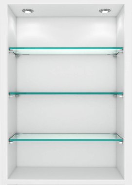 Boş cam raflar dolapla. 3D çizim