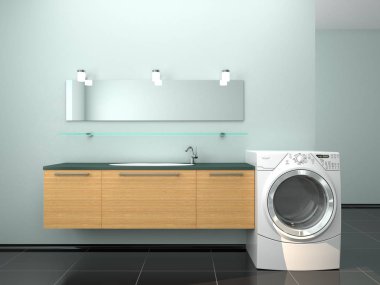 bir çamaşır makinesi ile minimalist banyo. 3D çizim
