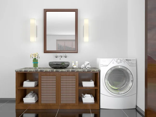 Bir Çamaşır Makinesi Ile Minimalist Banyo Çizim — Stok fotoğraf