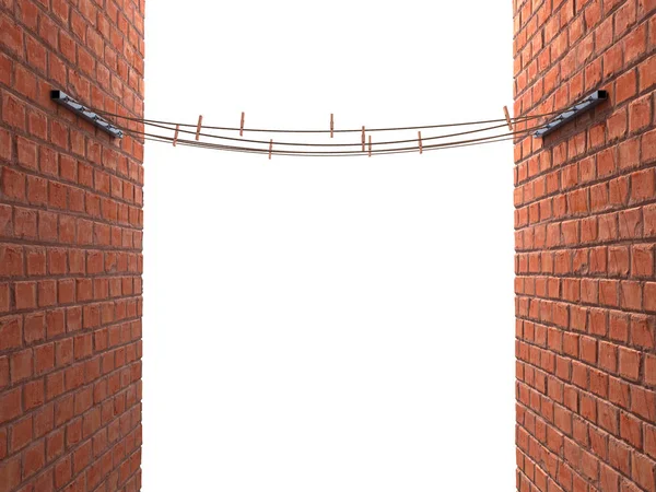 ropes with clothespins on stands between two breaks walls isolated 3d illustration