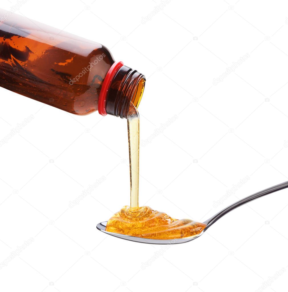 medicine syrup pouring into a spoon from a bottle