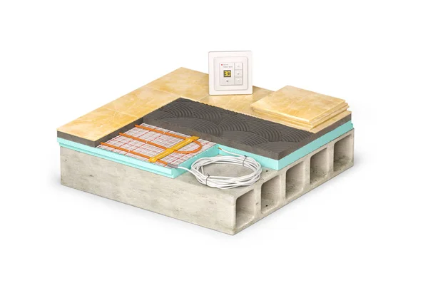 Floor concept with electric heating. Schematic section. 3d illustration, on white background.