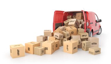 Teslimat kavramı. Karton kutular üzerinde beyaz bir arka plan izole taşıma bırak. 3D çizim