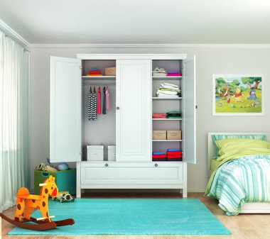 Çocuk odasında gardırop. 3D çizim
