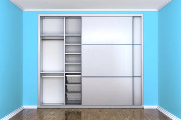 Witte Compartiment Garderobe Met Open Deuren Een Kamer Met Blauwe — Stockfoto