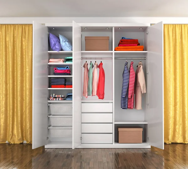 White Closet Open Doors Room Yellow Curtains Clothes Closet Illustration — Stock Photo, Image