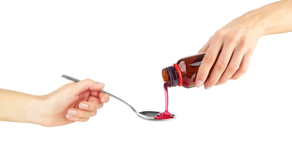 Medical Syrup Flowing Bottle Spoon Hands — Stock Photo, Image