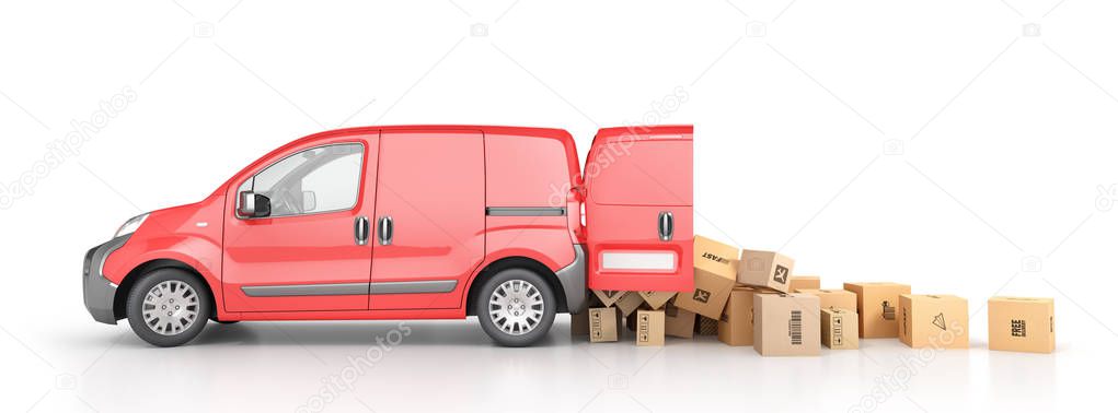Delivery concept. Cardboard boxes drop out from the transport isolated on a white background. 3d illustration