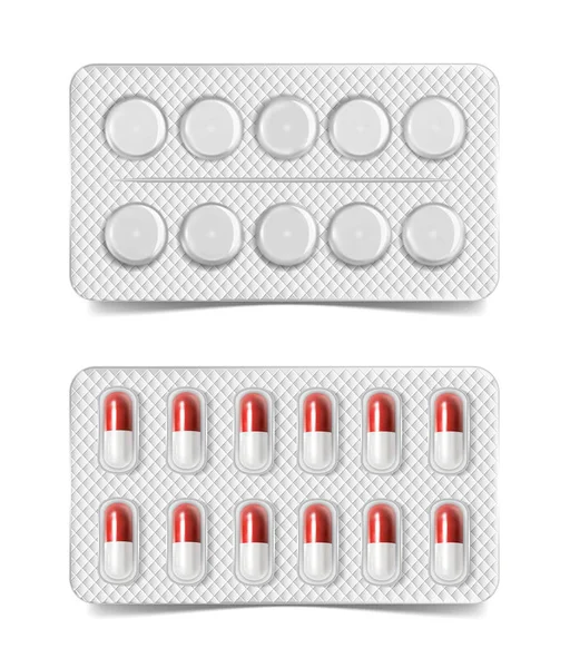 Embalaje Para Medicamentos Analgésicos Antibióticos Vitaminas Tabletas Aspirina Conjunto Ampollas — Vector de stock