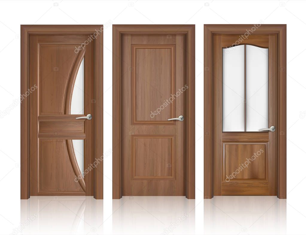 realistic wooden doors design icon set in different styles vector illustration